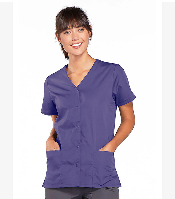 Microfiber Women's Scrub Top V Neck Front Open with Snap Buttons - 2 Pockets, Half Sleeves