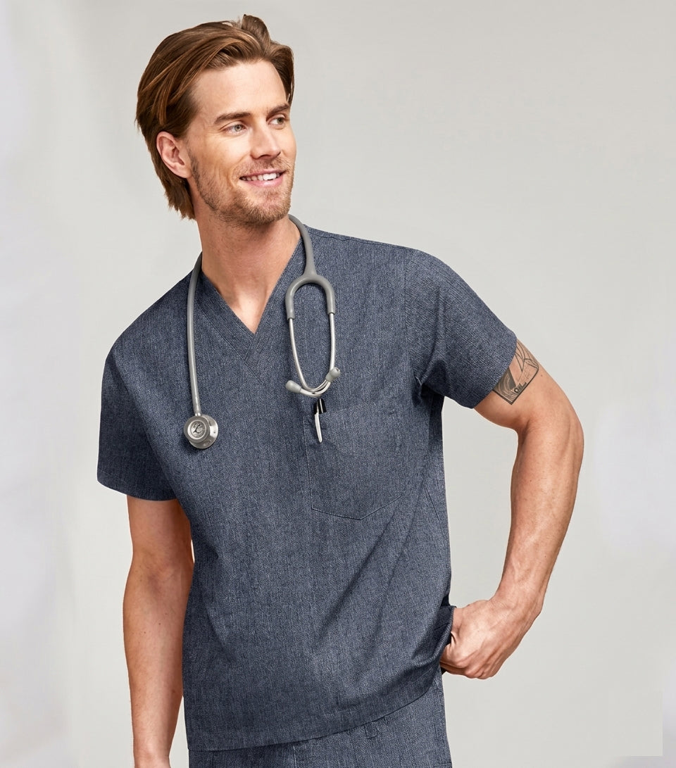 Denim scrub top v neck 1 pocket normal half sleeve unisex