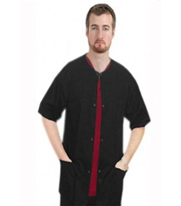 Microfiber Stretch Round-Neck Front open 3 pocket unisex solid half sleeve top with snap buttons