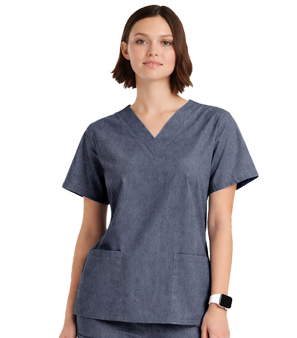 Denim scrub top v neck 2 front pocket solid half sleeve ladies