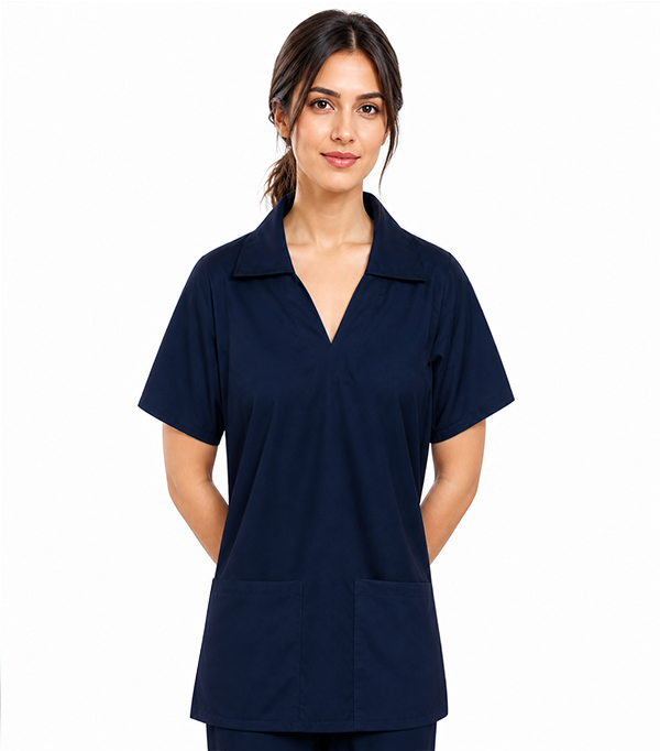 Poplin Women Scrub Top Collar Style V-Neck - 2 Pockets, Half Sleeves