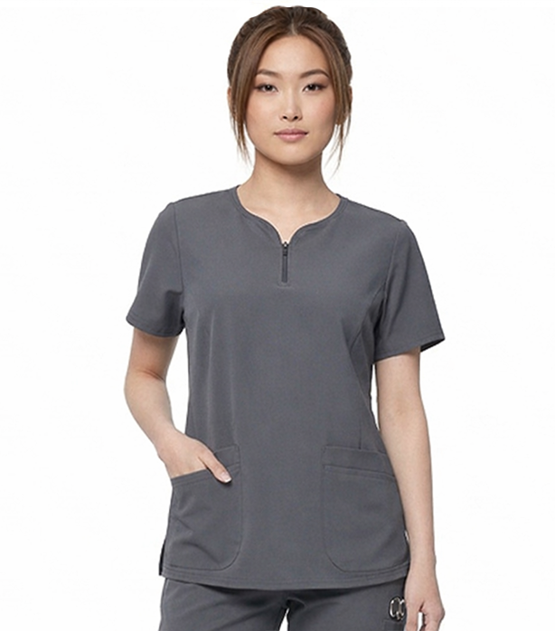 Stretch Women's Scrub Top - 4 Pockets, Curved Neckline with Zipper Closure