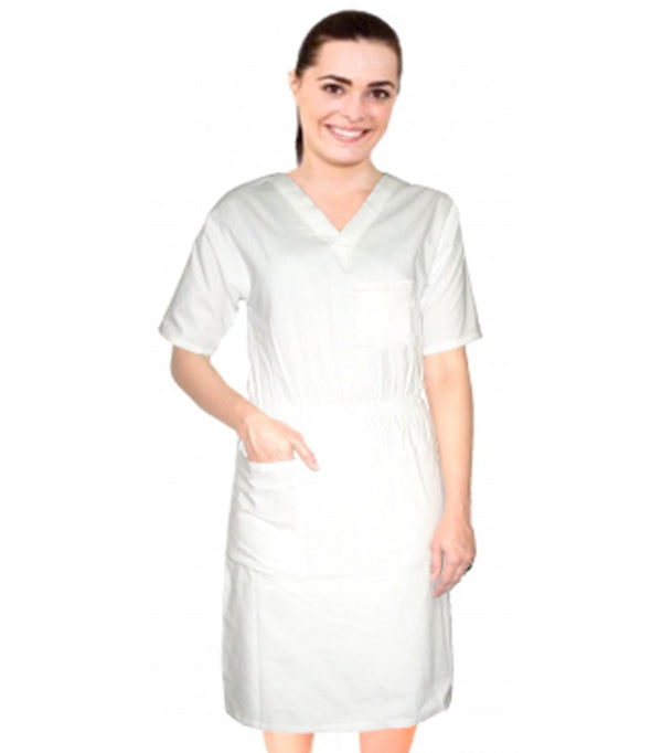 Poplin Women Nursing Dress Below Knee Length, V-Neck -  3 front pockets, Half Sleeves, Elastic Waist