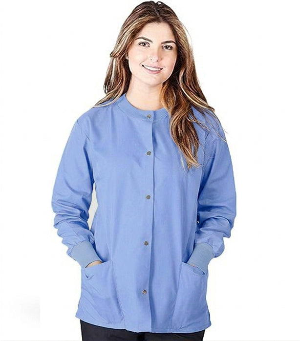 Only for USA Customers Clearance Poplin Unisex Scrub Jacket Full-Sleeve 2 Pockets with Plastic Buttons & Ribbed Cuffs Color: 7. Ceil Blue