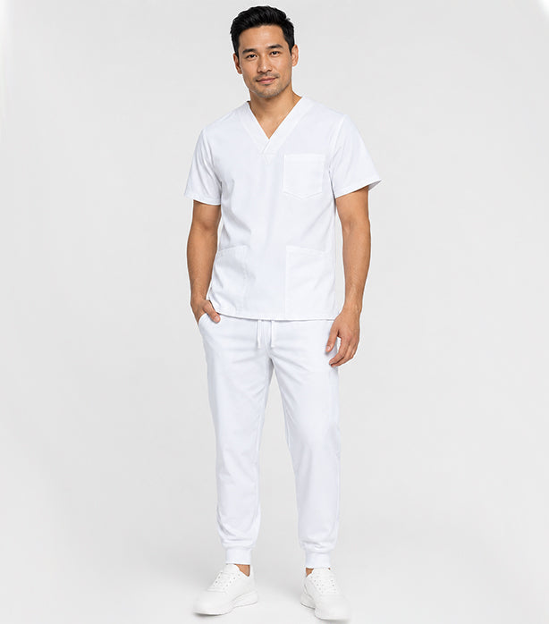 Unisex Jogger Scrub Set 6 Pockets Half Sleeves, Top 3 Pockets (1 Chest Pocket and 2 Lower Pockets) and Jogger Pant 3 Pockets (2 Side Pockets, 1 Back Pocket) with Full Elastic Waistband and Drawstring (Twill White)