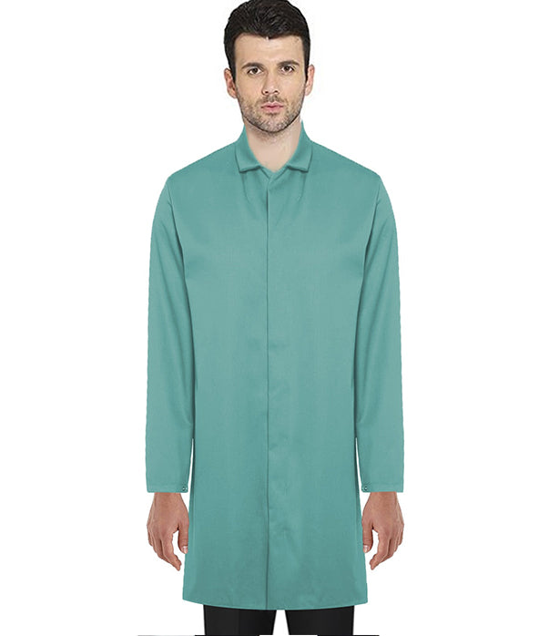 Microfiber Unisex Lab Coat, Shirt Collar, No Pockets , Full Sleeves with Snap Buttons, Front with covered snap buttons placket