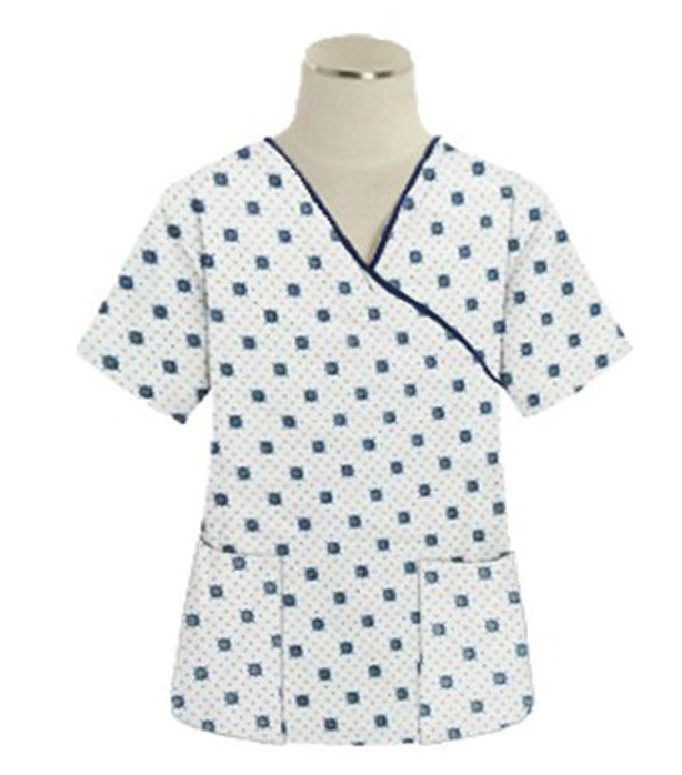 Poplin Women Green Square Print Scrub Top mock wrap 3 pocket half sleeve with black piping