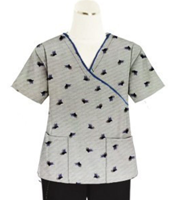Poplin Women Black Leaf Print Scrub Top mock wrap 3 pocket half sleeve with black piping