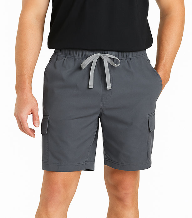 Microfiber Stretch fabric cargo shorts full elastic waistband 2 side pocket 2 cargo pocket with flap 1 back patch pocket elasticated twill drawstring (inseam is 5 inches)