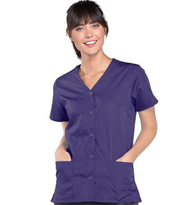 Microfiber Stretch Scrub top 2 pocket solid front open v-neck with snap buttons half sleeve ladies