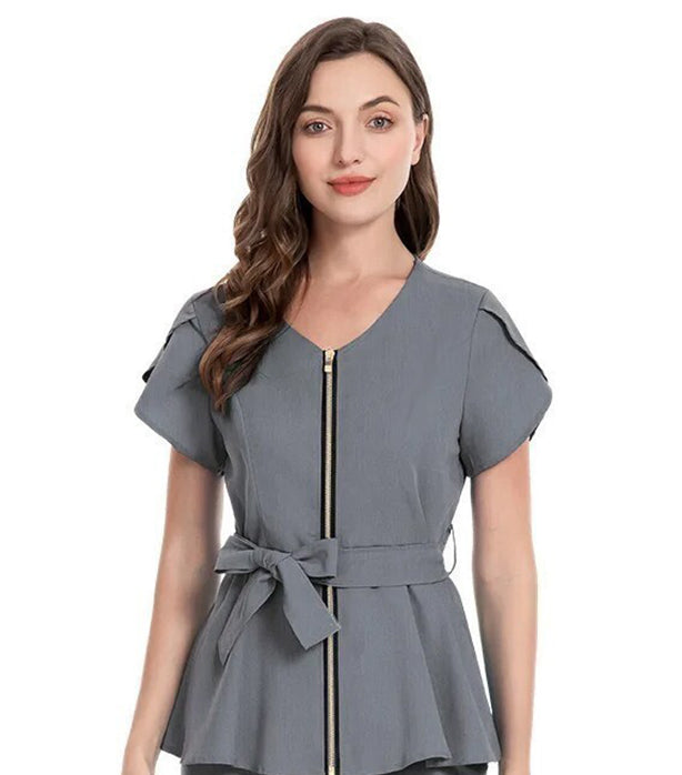 Microfiber Womens Fashion Scrub Top with Front Zipper and Belt
