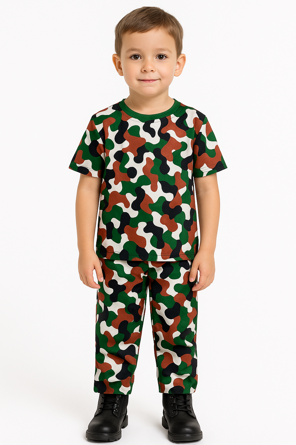 Mini Trooper Uniform - Camouflage Print Poplin Fabric 35% Cotton 65% Polyester. Round Neck No Pockets Top. 2 Pockets Pants