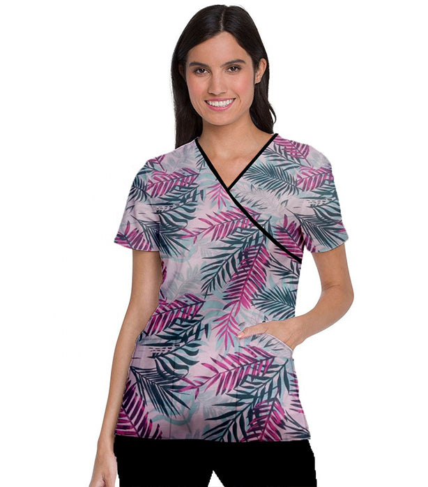 Poplin Women Pink leaves print Scrub Top mock wrap 3 pocket half sleeve with black piping