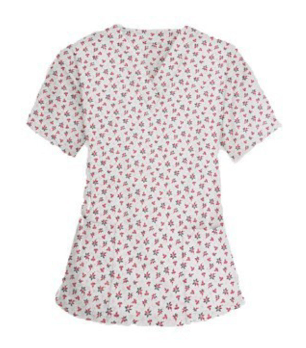Poplin Women Scrub Top in Red and Black Flower Print V Neck - 2 Pockets, Half Sleeves