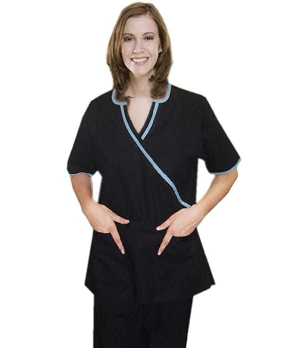 Poplin Inset V-Neck 2 Pocket Half Sleeve Top