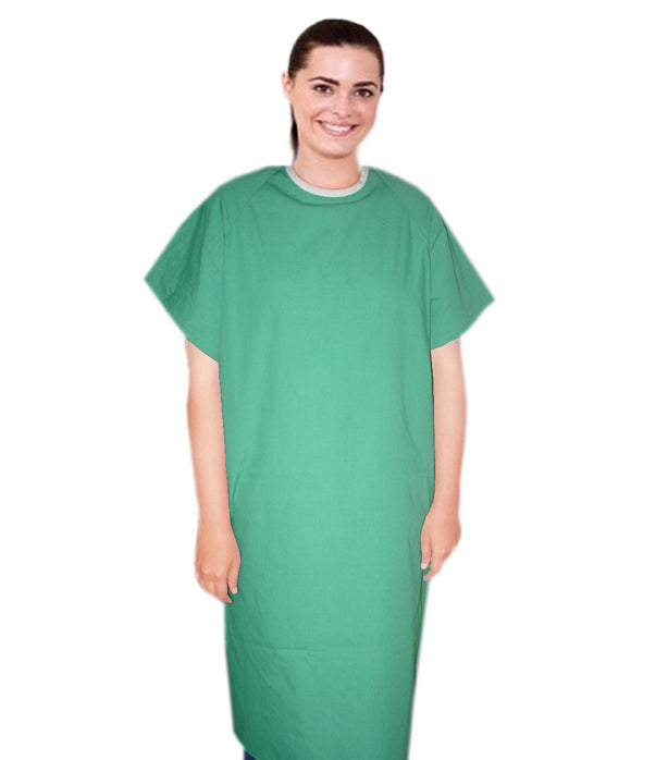Stretchable Patient gown back open half sleeve with matching piping, tie-able OR Velcro(+0.5)