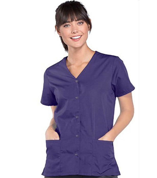 Stretch Scrub top 2 pocket solid front open v-neck with snap buttons half sleeve ladies