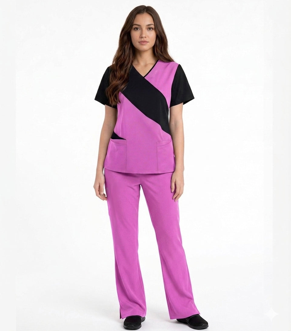 Poplin Women Scrub Set  Cut N Sew Style with V-Neck Top - (5 Pockets Top, 2 Pockets Boot Cut Pant), Half Sleeves