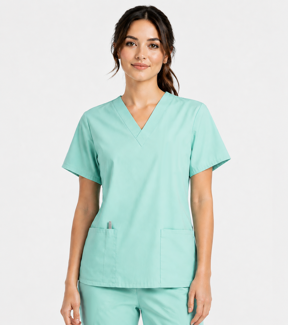 Poplin Women's V-Neck Scrub Top - 2 Pockets with Pencil Pocket, Half Sleeve