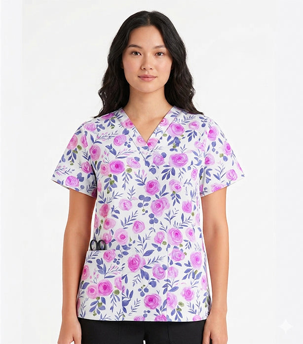 Poplin Women Blue Leaves and Pink Flower Print Scrub Top V Neck - 2 Pockets, Half Sleeves