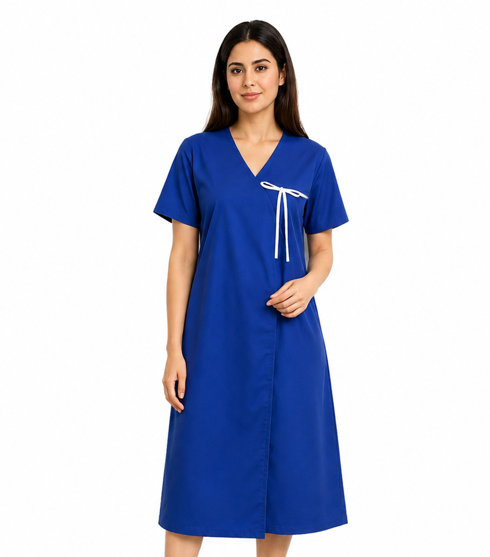 Patient Gown Front Open Half Sleeve with Matching Piping, Tie-able from Sleeves