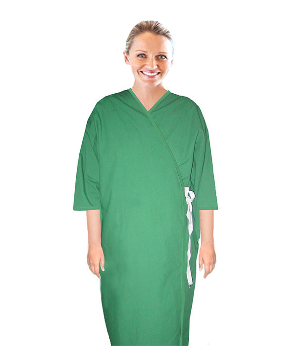New Patient gown front open solid 3/4 sleeve with matching piping tie-able OR Velcro