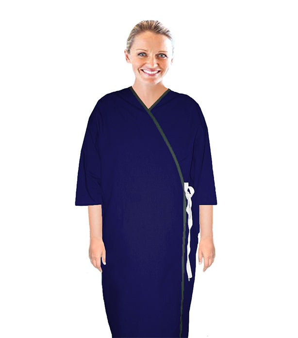 Microfiber patient gown front open 3/4 sleeve with matching piping tie-able OR Velcro