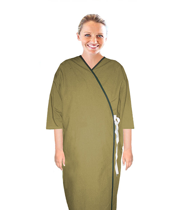 Microfiber patient gown front open half sleeve with matchng piping tie-able OR Velcro