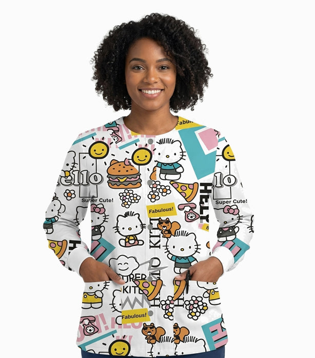 Interlock Stretch Unisex Scrub Jacket with Hello Kitty Print- 2 Pockets, Full Sleeves with Rib