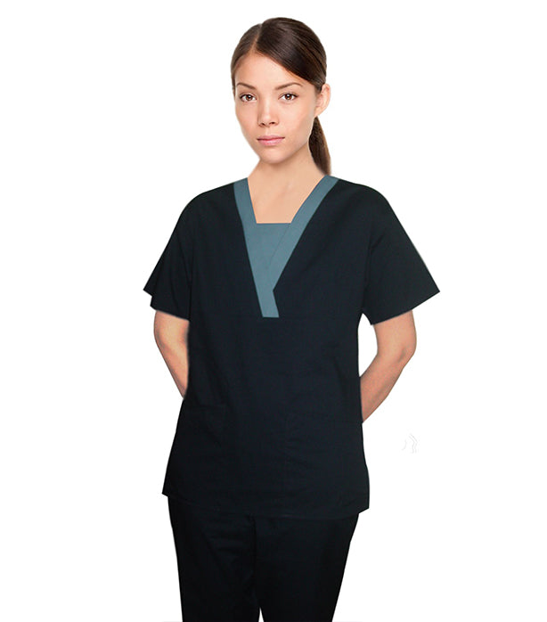 Poplin Contrast v-neck insert trim 2 pocket top pleats half sleeve