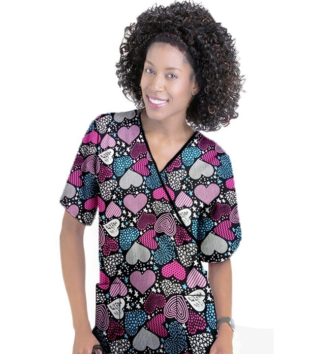 Poplin Women Magical Hearts Print Scrub Top mock wrap 3 pocket half sleeve with black piping