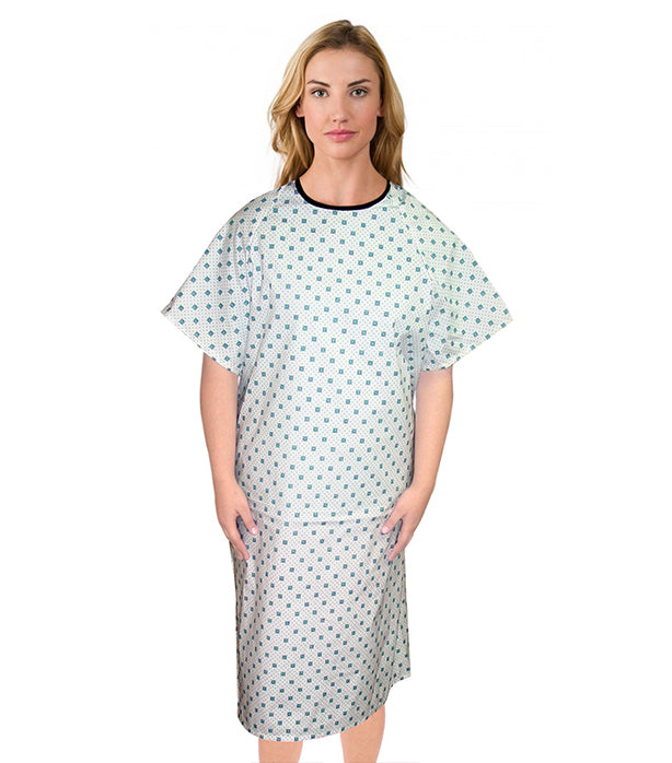 Green Square Print Patient Gowns back open half sleeve with matching piping, tie-able OR Velcro(+0.5)