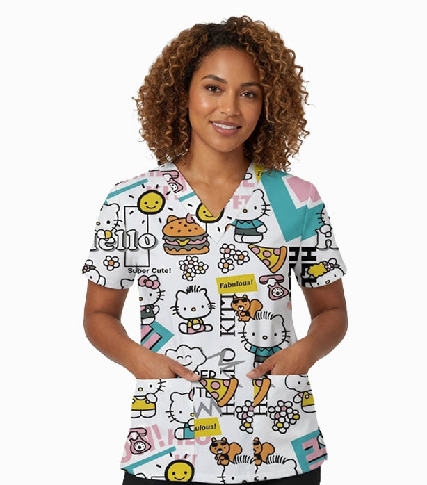 Interlock Stretch Women Hello Kitty Print Scrub Top V Neck - 2 Pockets, Half Sleeves
